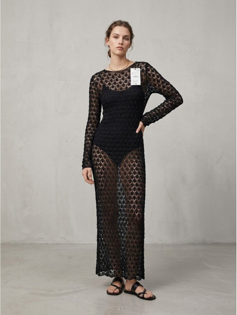 Zara Black Long Sleeve Sheer Crochet Maxi Dress Size M
